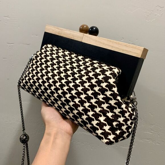 Houndstooth Real Hair-on-horsehide Handmade Wooden Frame Clutch/Shoulder Bag - Picture 8 of 15